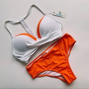 BEACHSISSI White and Orange 2-Piece Bikini Set Bra Top Cheek Bottom - Size SMALL